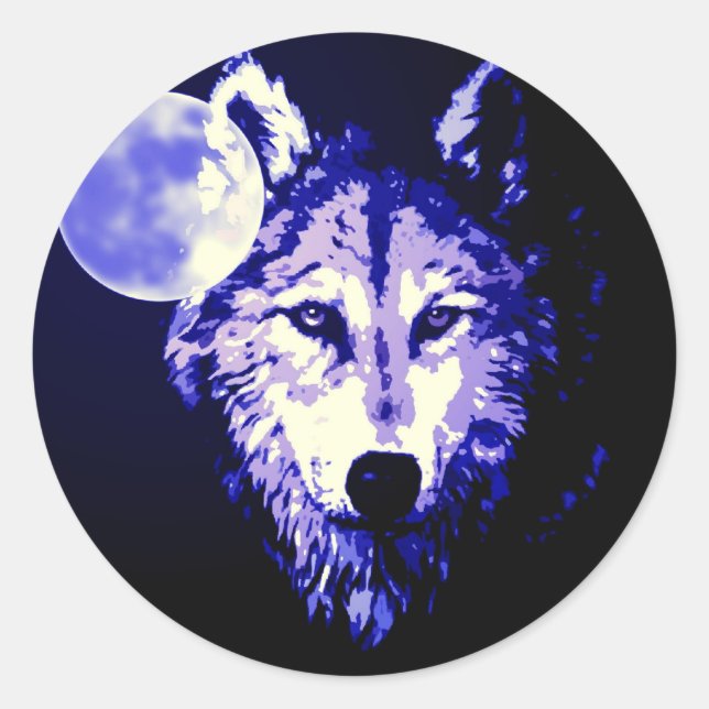 Wolf & Moon Dark Blue Night Collage Classic Round Sticker (Front)