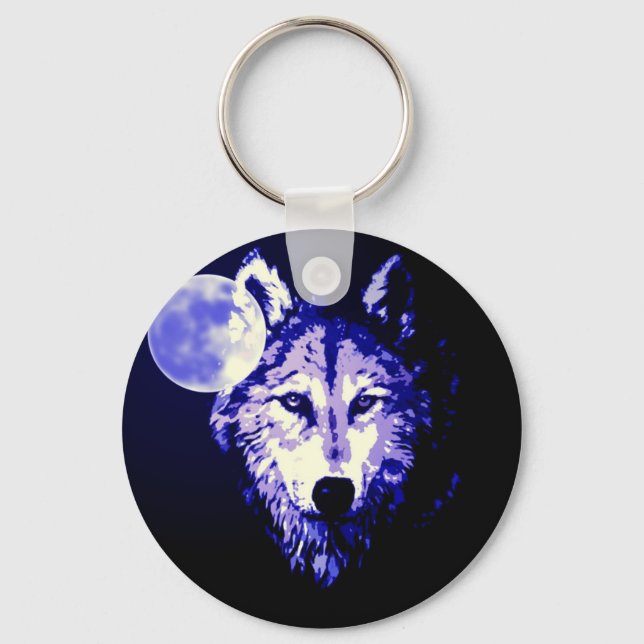 Wolf & Moon Dark Blue Night Collage Keychain (Front)