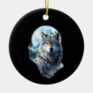 Wolf Moon Graphic Howling ,Under Full Moon Night Ceramic Ornament