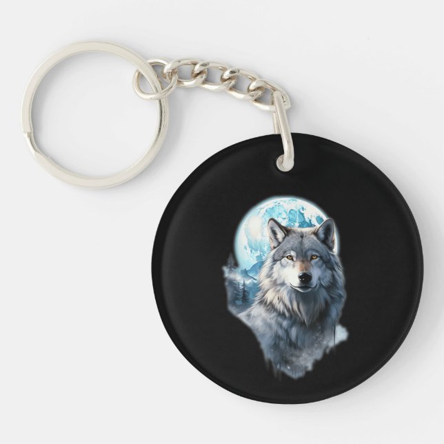 Wolf Moon Graphic Howling ,Under Full Moon Night  Keychain (Front)