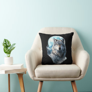 Wolf Moon Graphic Howling ,Under Full Moon Night Throw Pillow