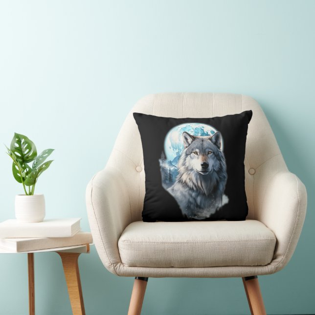 Wolf Moon Graphic Howling ,Under Full Moon Night  Throw Pillow (Chair)