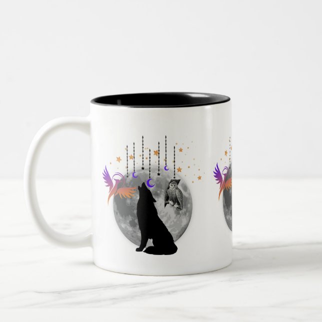 Wolf-Moon-Phoenix-Owl-graphic design coffee mug. Two-Tone Coffee Mug (Left)