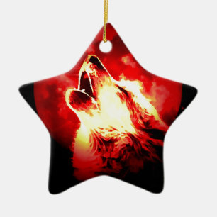 Wolf, Moon & Red Sky Ceramic Ornament