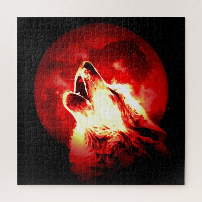Wolf, Moon & Red Sky Illustration Jigsaw Puzzle (Vertical)