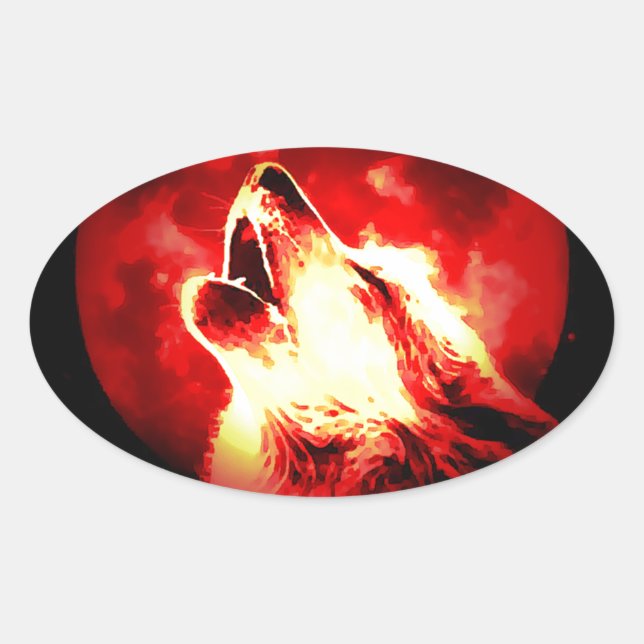 Wolf, Moon & Red Sky Oval Sticker (Front)