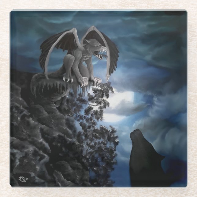 Wolf Moon - Wolf with Golem Glass Coaster (Front)