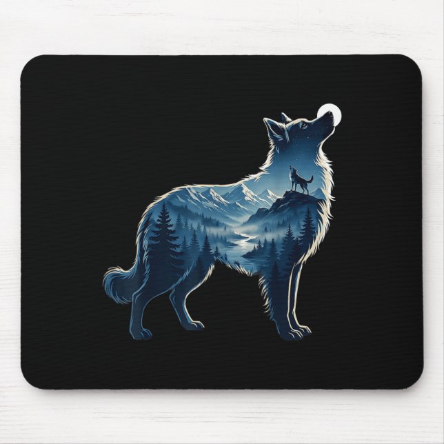 Wolf moonlit mountain forest exposure art  mouse pad (Front)