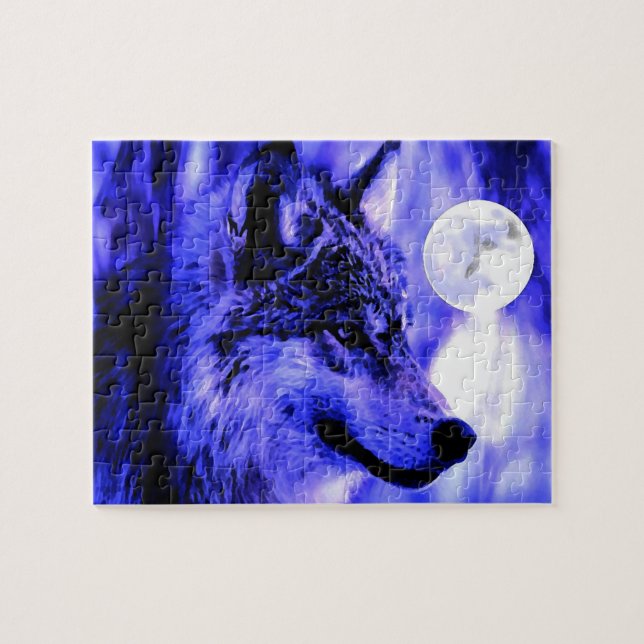 Wolf Motivational Freedom Blue Night Fullmoon Jigsaw Puzzle (Horizontal)