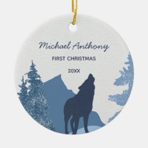 Wolf Mountain Forest Baby's First Christmas Photo Ceramic Ornament