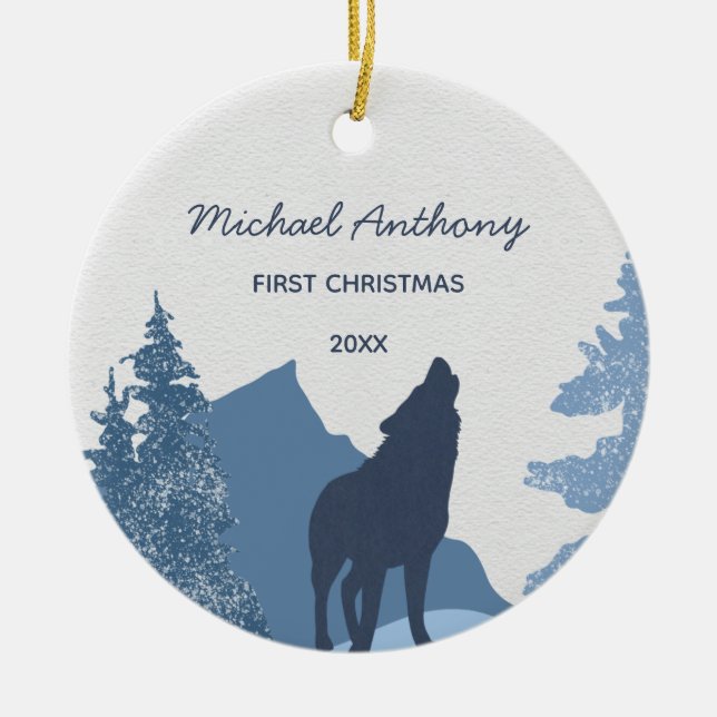 Wolf Mountain Forest Baby's First Christmas Photo Ceramic Ornament (Front)