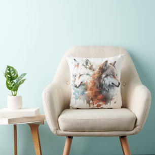 Wolf Nature Watercolor Couple Throw Pillow
