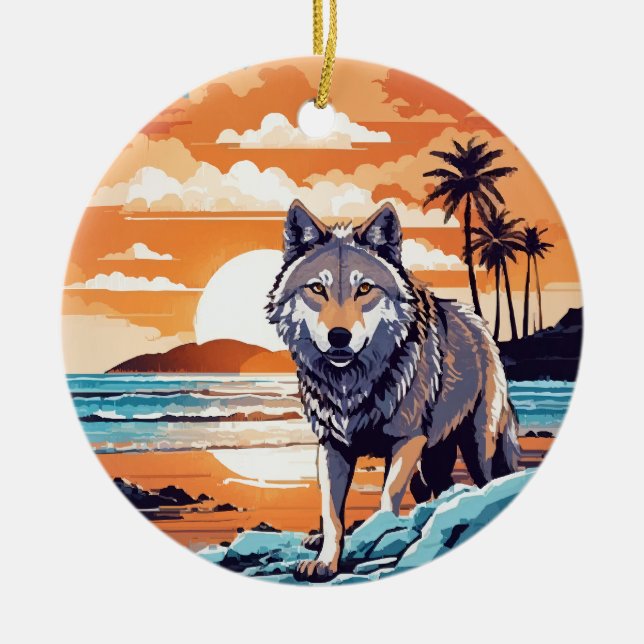 Wolf on the Beach Ceramic Ornament (Front)