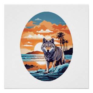 Wolf on the Beach Poster