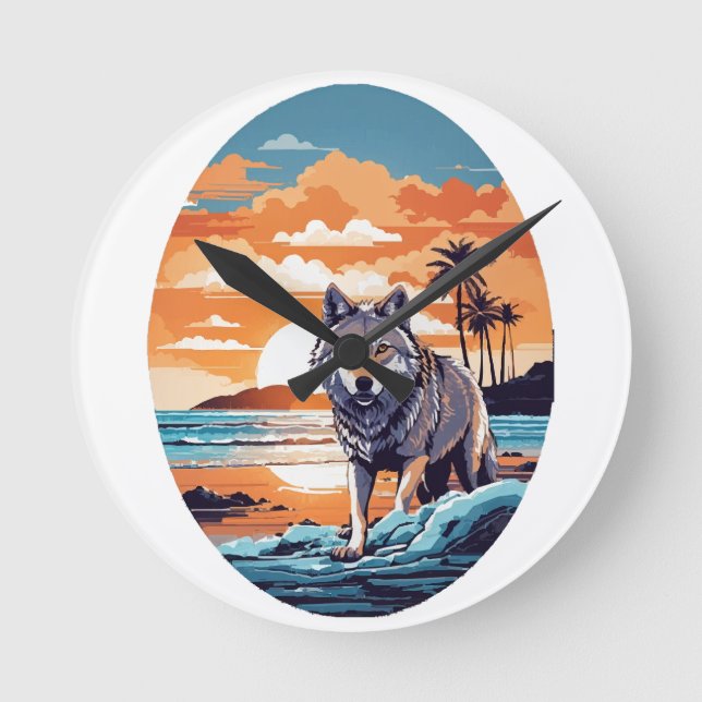 Wolf on the Beach Round Clock (Front)