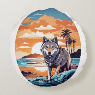 Wolf on the Beach Round Pillow