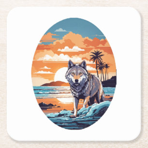 Wolf on the Beach Square Paper Coaster