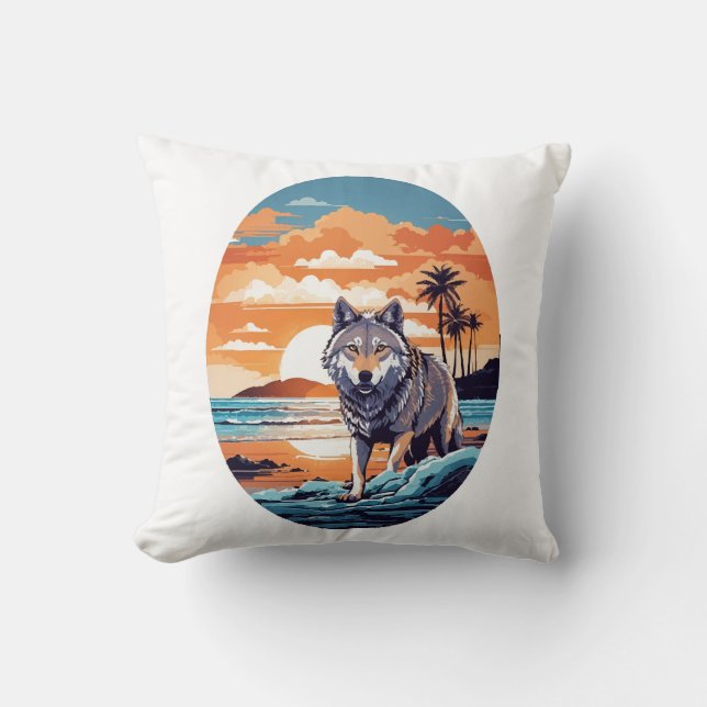 Wolf on the Beach Throw Pillow (Front)