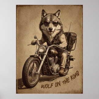 Wolf on the road biker poster