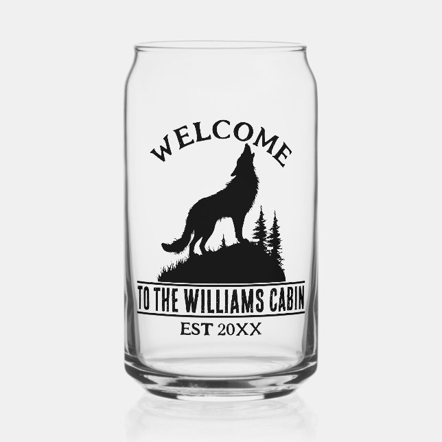 Wolf Outdoors Camp Personalized Family Cabin Name Can Glass (Front)
