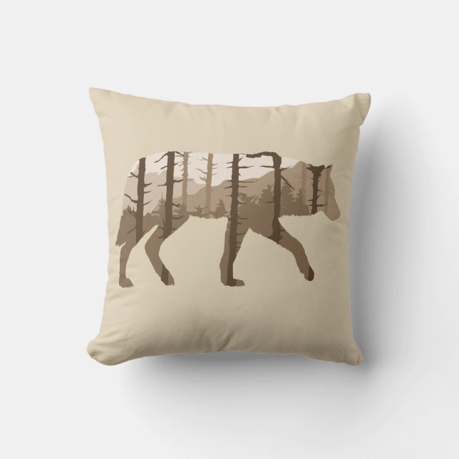 Wolf Outdoors with Trees and Mountains Pillow (Front)