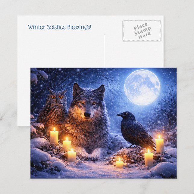 Wolf Owl Raven Winter Solstice Yule  Holiday Postcard (Front/Back)