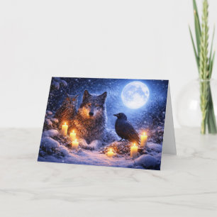 Wolf Owl Raven Winter Solstice Yule with Snow Moon Card