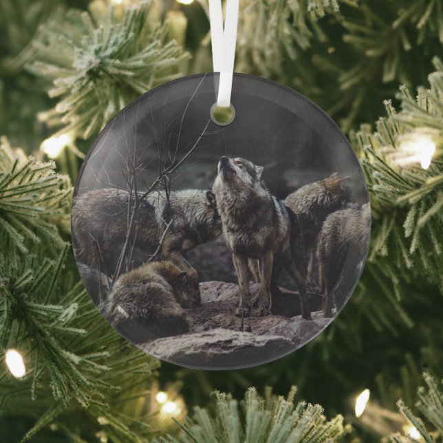 Wolf Pack Glass Ornament (Insitu)