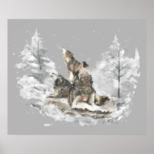 Wolf Pack Howling Winter Song Chorus Animal Art Poster