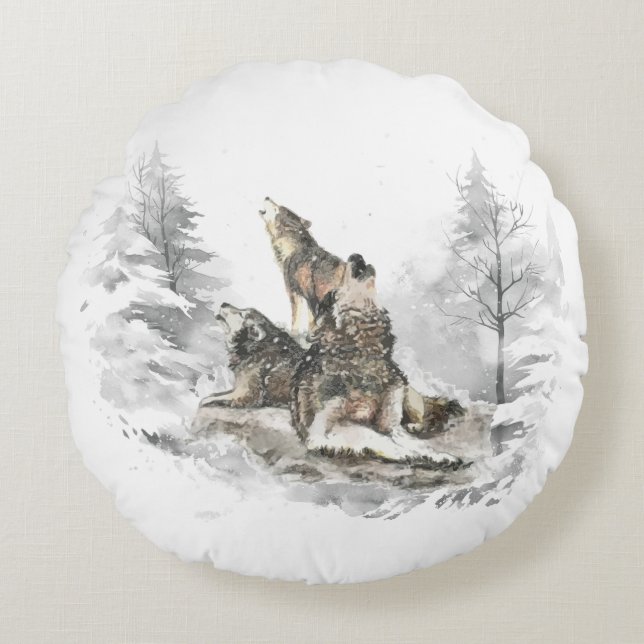 Wolf Pack Howling Winter Song Chorus Animal Art Round Pillow (Front)