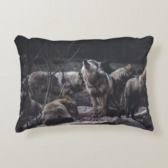 WOLF PACK ON ROCK FORMATION ACCENT PILLOW (Front)