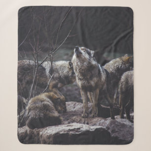 WOLF PACK ON ROCK FORMATION SHERPA BLANKET
