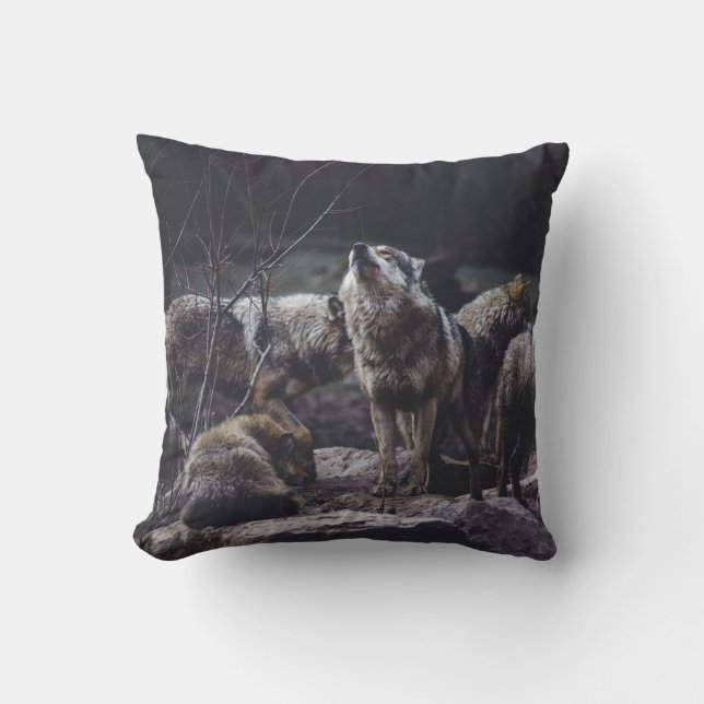 WOLF PACK ON ROCK FORMATION THROW PILLOW (Front)