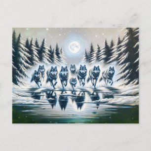 Wolf Pack Running Through a Winter Lake Postcard