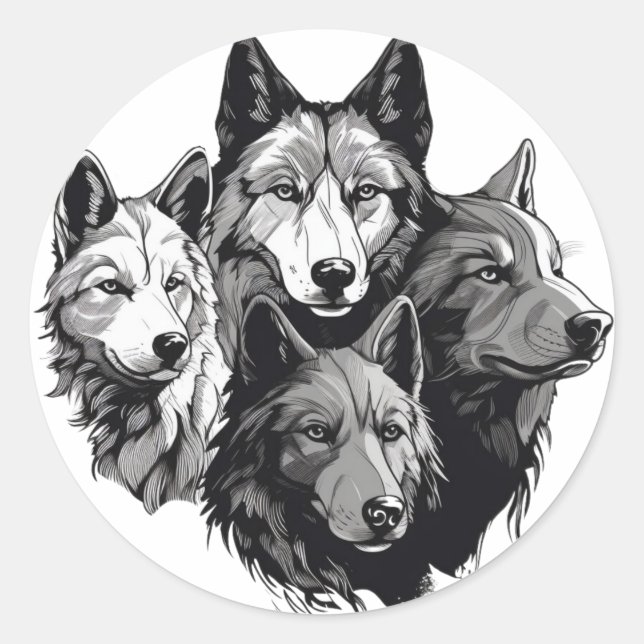 Wolf Pack Tribal Graphic Black and White Wolves  Classic Round Sticker (Front)