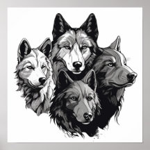 Wolf Pack Tribal Graphic Black and White Wolves 