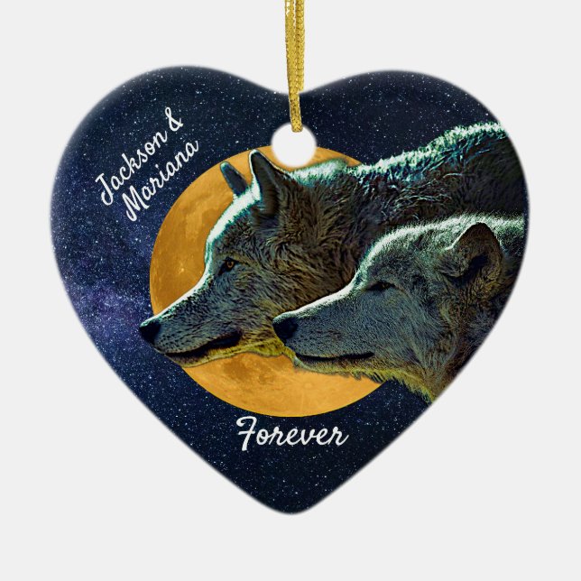 Wolf Pair and Full Moon     Ceramic Ornament (Front)