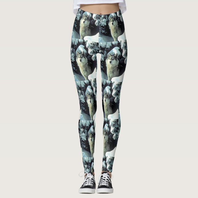 Wolf Pattern in Winter Forest Design Leggings (Front)