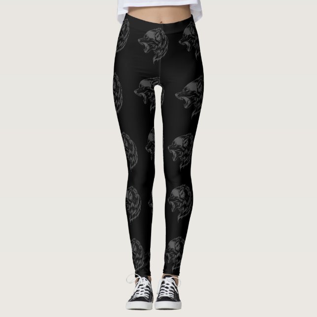 wolf pattern on black background leggings (Front)