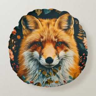 Wolf Pattern Vintage Forest Floral Garden Round Pillow