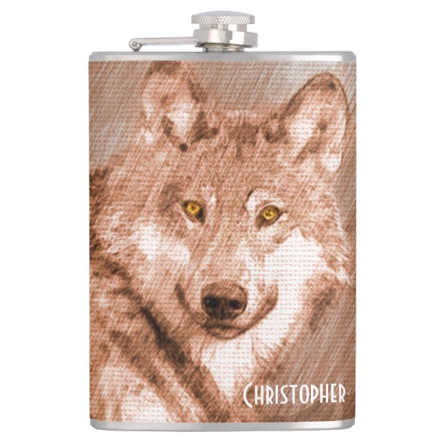 Wolf Pencil Sketch Image Personalize Hip Flask (Front)