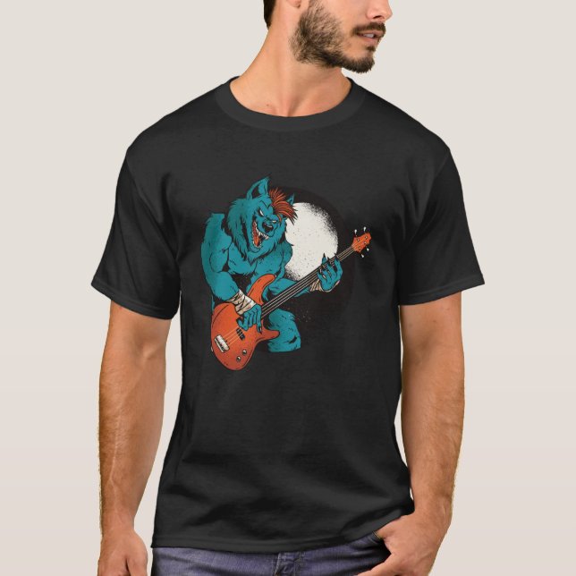 Wolf Playing a Bass Guitar Heavy Metal Rock and ro T-Shirt (Front)