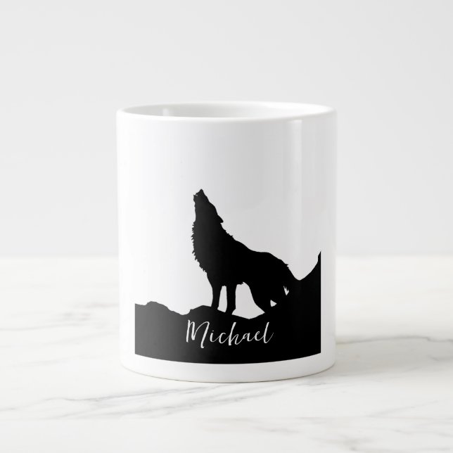 Wolf Pop Art Your Name Custom Black White Large Coffee Mug (Front)