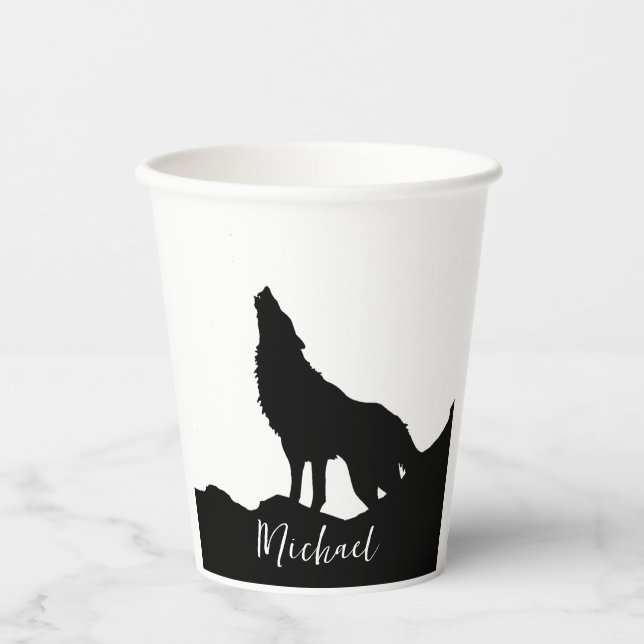 Wolf Pop Art Your Name Custom Black White Paper Cups (Front)