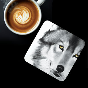 Wolf Portrait Black White Coaster