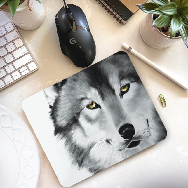 Wolf Portrait Black White Mouse Pad (Creator Uploaded)