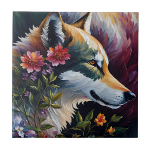Wolf Portrait Floral Art Tile