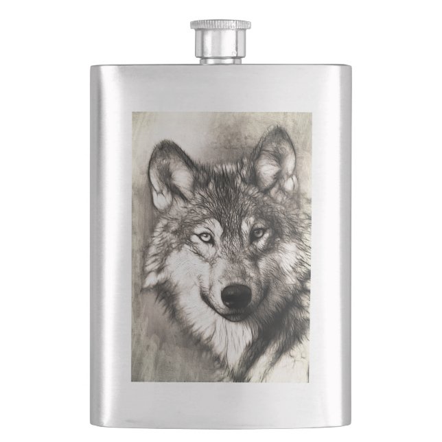 Wolf portrait hip flask (Front)