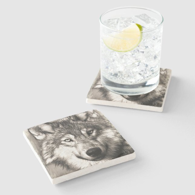 Wolf portrait stone coaster (Side)