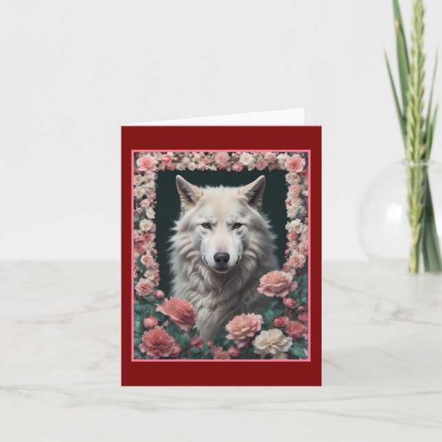 Wolf portrait with flowers thank you card (Front)